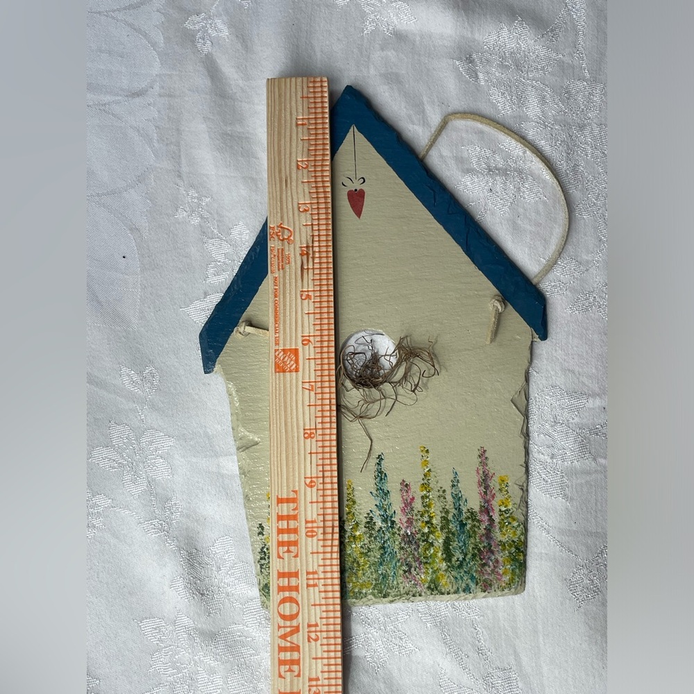 Vintage Slate Birdhouse Wall Hanging Decor Handpainted Flowers Bird Nest 11.5” - Picture 3 of 4
